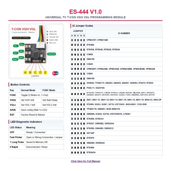 ES-444 V1.0 UNIVERSAL TV T-CON VGH VGL PROGRAMMING MODULE